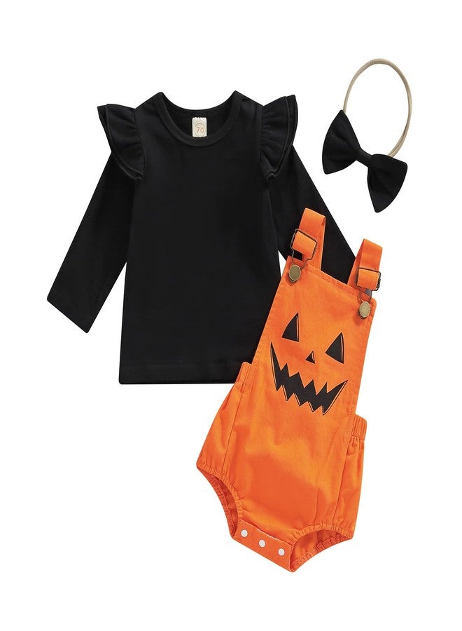 LouVasabuce Newborn Halloween Baby Girls Outfit Fly Long Sleeve Ribbed Tops+ Pumpkin Ghost Printing Suspender Romper+ Headwear (Orange, 3-6 Months) - Image 1